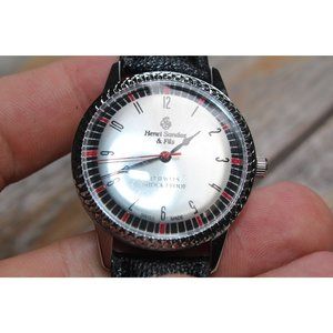 Vintage 1972 Henri Sandoz Manual Mens Silver Watch W/Leather Strap & Red accents